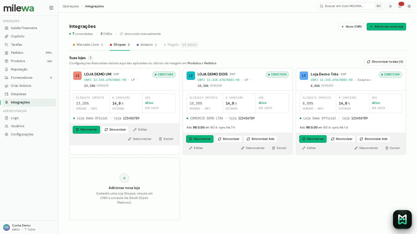 Milewa Integrations screen with three Shopee stores connected via OAuth: tax rate, commission, and Ads by store, with automatic sync.